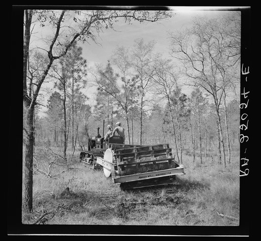 The brush cutter, a tractor pulling five tons of rollers, tears up the ground for seed planting, fire trails and road building. Withlacoochee Land Use Project, Florida
