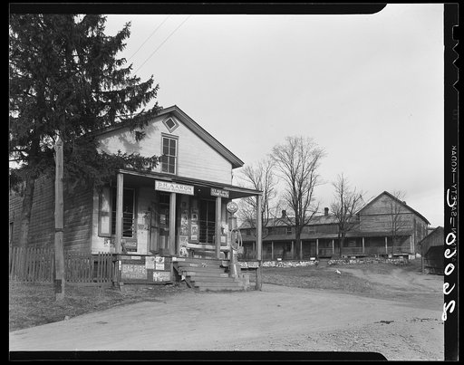 Post office and general store, abandoned hotel for lumber workers in the background. Chaneysville, Pennsylvania