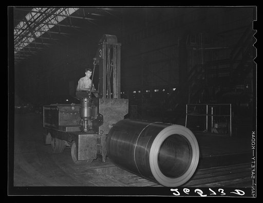 Moving a roll of sheet steel, Pittsburgh, Pennsylvania