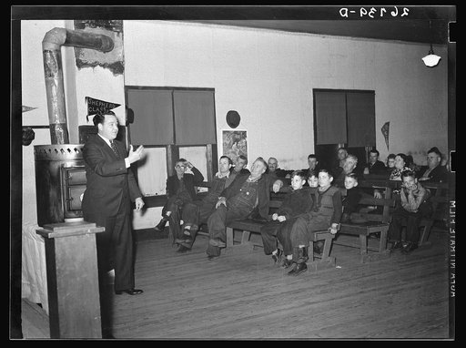 Untitled photo, possibly related to: Evangelist preaching sermon. Pentecostal church, Cambria, Illinois
