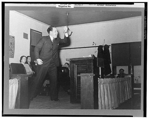 Evangelist preaching sermon. Pentecostal church, Cambria, Illinois