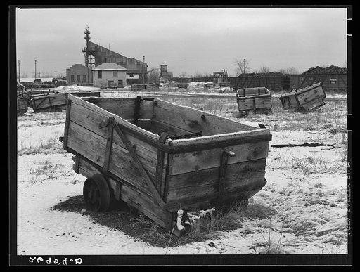 Pitcars that have been brought to the surface because it was expected that the mine will be idle for a long time. Freeman Coal Company, Bobby Dick Mine. Williamson County, Illinois. See 26984-D