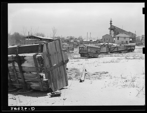 Untitled photo, possibly related to: Pitcars that have been brought to the surface because it was expected that the mine will be idle for a long time. Freeman Coal Company, Bobby Dick Mine. Williamson County, Illinois. See 26984-D