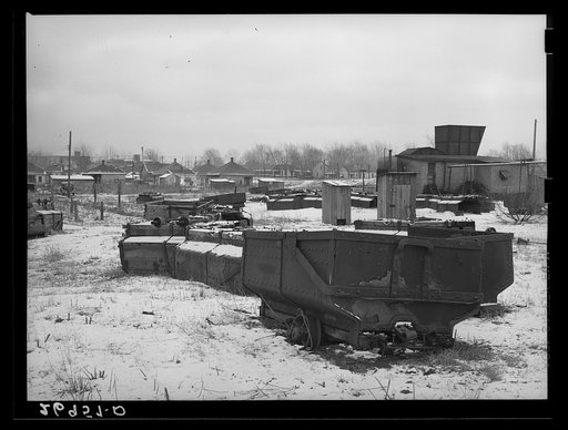 Untitled photo, possibly related to: Pitcars that have been brought to the surface because it was expected that the mine will be idle for a long time. Freeman Coal Company, Bobby Dick Mine. Williamson County, Illinois. See 26984-D