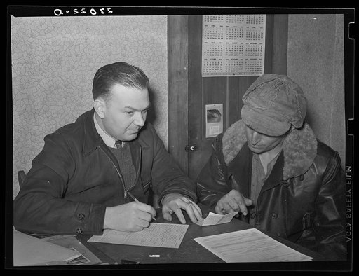 Untitled photo, possibly related to: Rehabilitation Administration supervisor with farmer applying for loan. Ridgeway, Illinois
