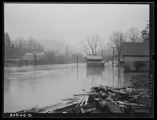 Flood stage on West Fork River near West Union, West Virginia