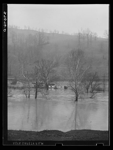 Flood stage on West Fork River near West Union, West Virginia