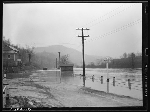 Flood stage on West Fork River near West Union, West Virginia