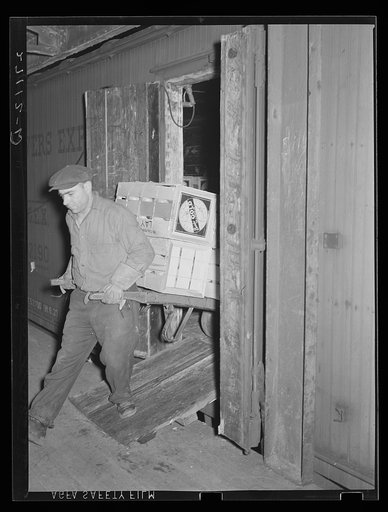 Unloading oranges from car-floats onto produce pier. Pier 29, New York City