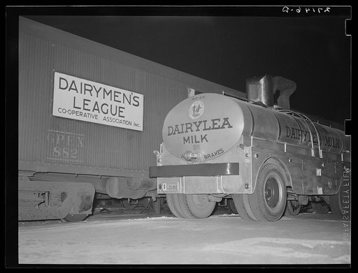 Transferring mild from tank cars to truck. Jersey City, New Jersey