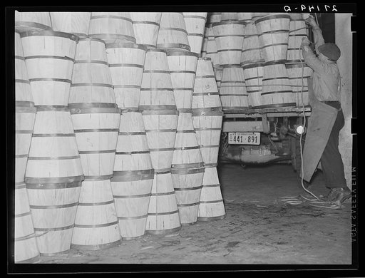 Loading crates of cabbages at produce market. Pier 29. New York City