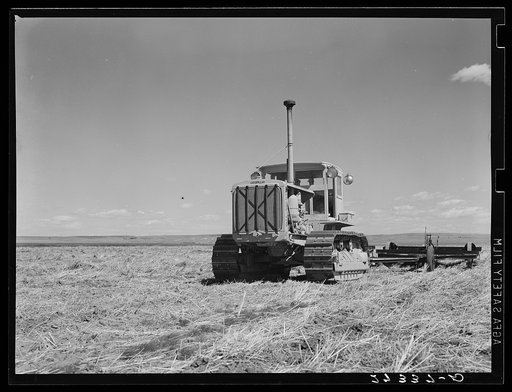 Tractor with noble blade on Sheffels' wheat farm. Cascade County, Montana