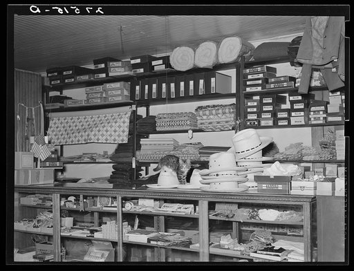 Dry goods counter, general store. Birney, Montana