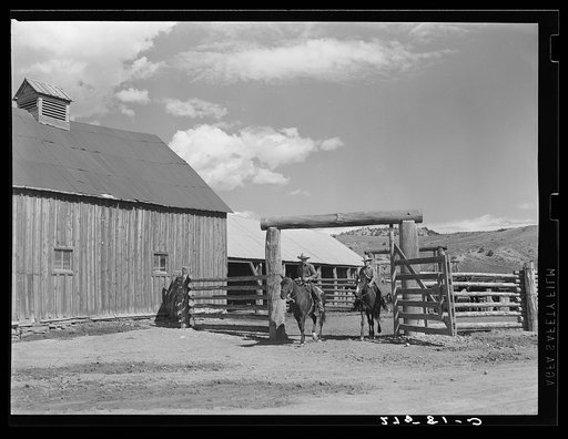 Ranchers riding through corral gate. Quarter Circle 'U' Ranch, Montana