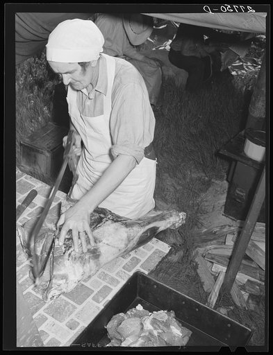 Cook cutting steaks. Quarter Circle 'U' Ranch roundup. Montana