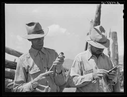 Filling a syringe with serum and sharpening a dehorning spoon. William Tonn ranch, Custer County, Montana