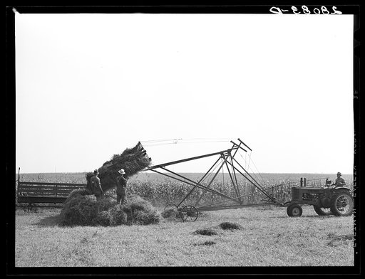 Untitled photo, possibly related to: Operating a jayhawk hayloader. Kimberley farm, Jasper County, Iowa