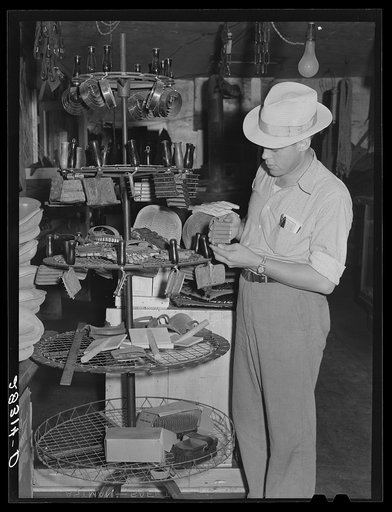 Farmer examines brushes for horses, cattle and hogs. Harness shop, Grundy Center, Iowa