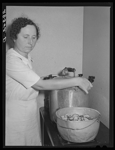 Untitled photo, possibly related to: Wife of FSA (Farm Security Administration) resettlement borrower preserving vegetables in her home at San Luis Valley Farms, Colorado
