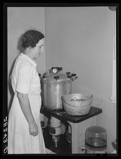 Wife of FSA (Farm Security Administration) resettlement borrower preserving vegetables in her home at San Luis Valley Farms, Colorado