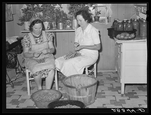 Wife of resettlement borrower, San Luis Valley Farms, Colorado, and daughter preparing beans for canning