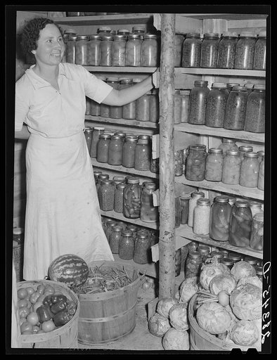 Wife of resettlement borrower, San Luis Valley Farms, Colorado, displaying fruit and vegetables preserved for winter use