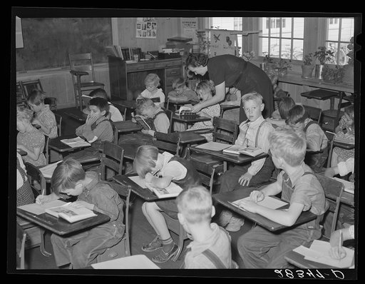 Untitled photo, possibly related to: Scene in school room in community building. San Luis Valley Farms, Colorado