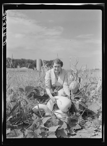 Mrs. Calvin Brown, wife of FSA(Farm Security Administration) borrower, with grandson in garden near Eaton, Colorado