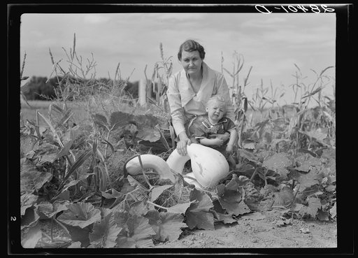 Untitled photo, possibly related to: Mrs. Calvin Brown, wife of FSA (Farm Security Administration) borrower, with grandson in garden near Eaton, Colorado