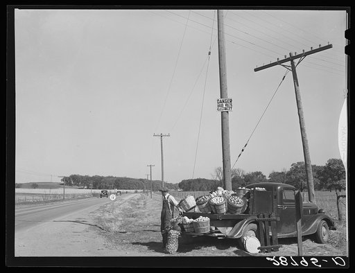 Farmer selling produce on highway. Marshall County, Iowa