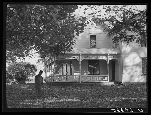 Farmer raking leaves on lawn of his home. Grundy County, Iowa
