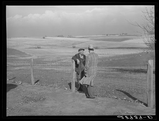 Fred Maschman, TP Client, discusses problems of his 160 acre farm with FSA (Farm Security Administration) supervisor. Iowa County, Iowa