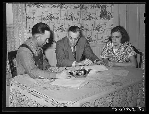Fred Wilfang and his wife discuss their farm problems with the FSA (Farm Security Administration) supervisor. Black Hawk County, Iowa