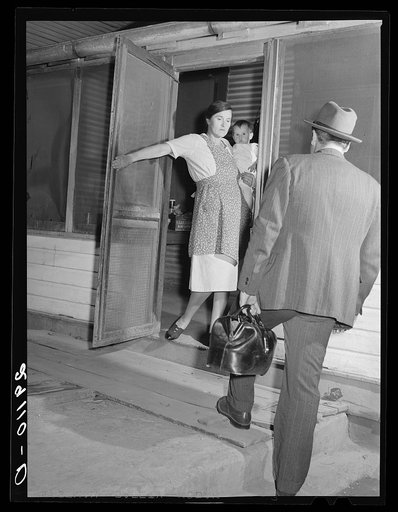 Wife of a rehabilitation client greets a physician who cooperates with the FSA (Farm Security Administration) medical health program. Saint Charles County, Missouri