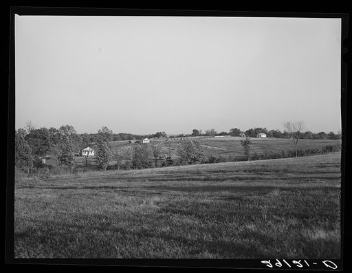 Some of the fifteen acre subsistence farms developed by the FSA (Farm Security Administration) for tiff miners. Washington County, Missouri