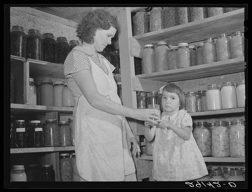 Untitled photo, possibly related to: Mrs. Lawrence Corda, wife of tiff miner, with some of her 800 quarts of food canned under supervision of FSA (Farm Security Administration). Washington County, Missouri