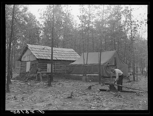 Evicted sharecroppers building shelters at temporary camp. Butler County, Missouri