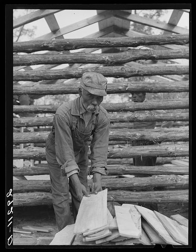 Evicted sharecropper building a cabin. Butler County, Missouri