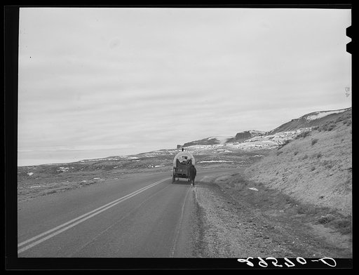 Sheepherder's wagon on U.S. 30. Sweetwater County, Wyoming