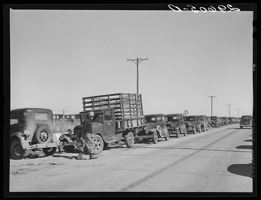 Untitled photo, possibly related to: Farmer's cars line the highway near Zimmerman farm auction. Hastings, Nebraska