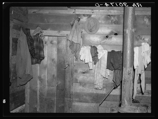 Clothes, and wall interior in Donald Heath's home near Black River Falls, Wisconsin