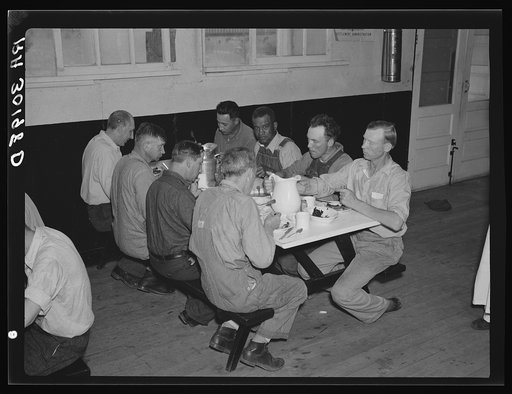 Untitled photo, possibly related to: Workers eating lunch at the RA (Resettlement Administration) land use project. Black River Falls, Wisconsin