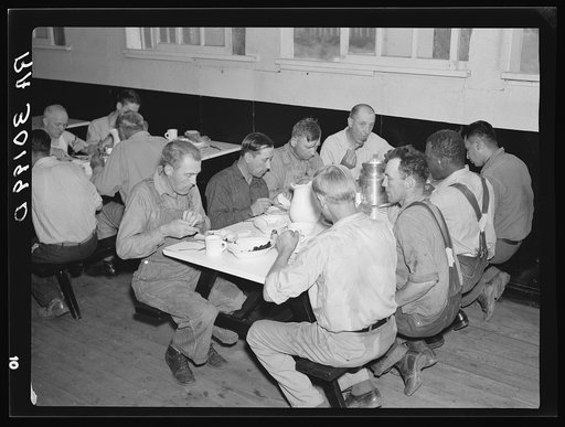 Workers eating lunch at the RA (Resettlement Administration) land use project. Black River Falls, Wisconsin