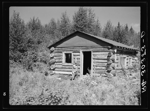 William Besson, old iron ore prospector, sitting in front of his cabin near Winton, Minnesota