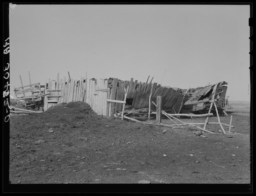Barn wrecked by windstorm on E. Gorder's farm. Williams County, North Dakota