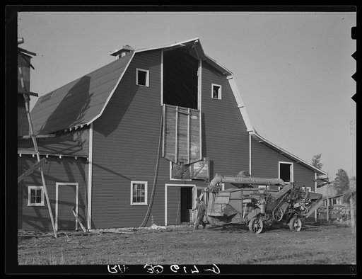Threshing machine and barn near Littlefork, Minnesota