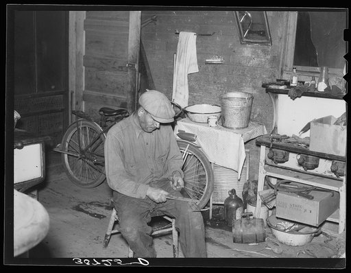 Beet worker sharpening topping knife. East Grand Forks, Minnesota