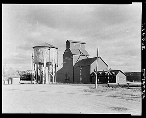 Water tower, elevator and railroad station. Michigan, North Dakota