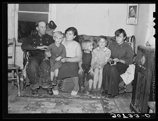 Family of James Strunk, farmer.  Works for WPA (Works Progress Administration), earns forty-four dollars per month, drives twenty-six miles to work fourteen days per month. Car expense comes out of the forty-four dollars. Has eight children, four of them at home. Wheelock, North Dakota