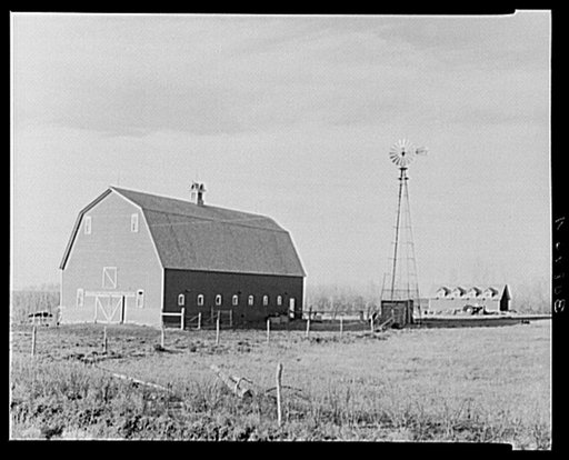 Barn and windmill on farm. Divide County, North Dakota